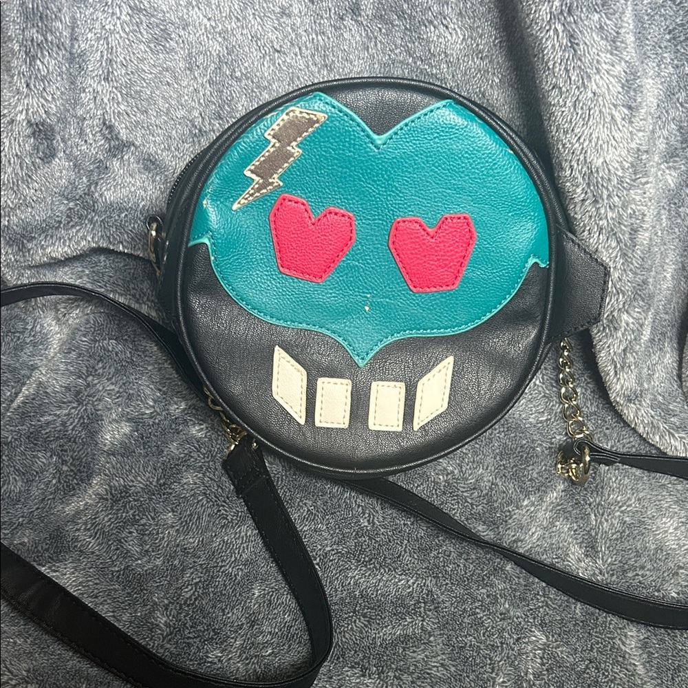 Stylish Betsy Johnson Black and Blue Robot Crossbody Bag